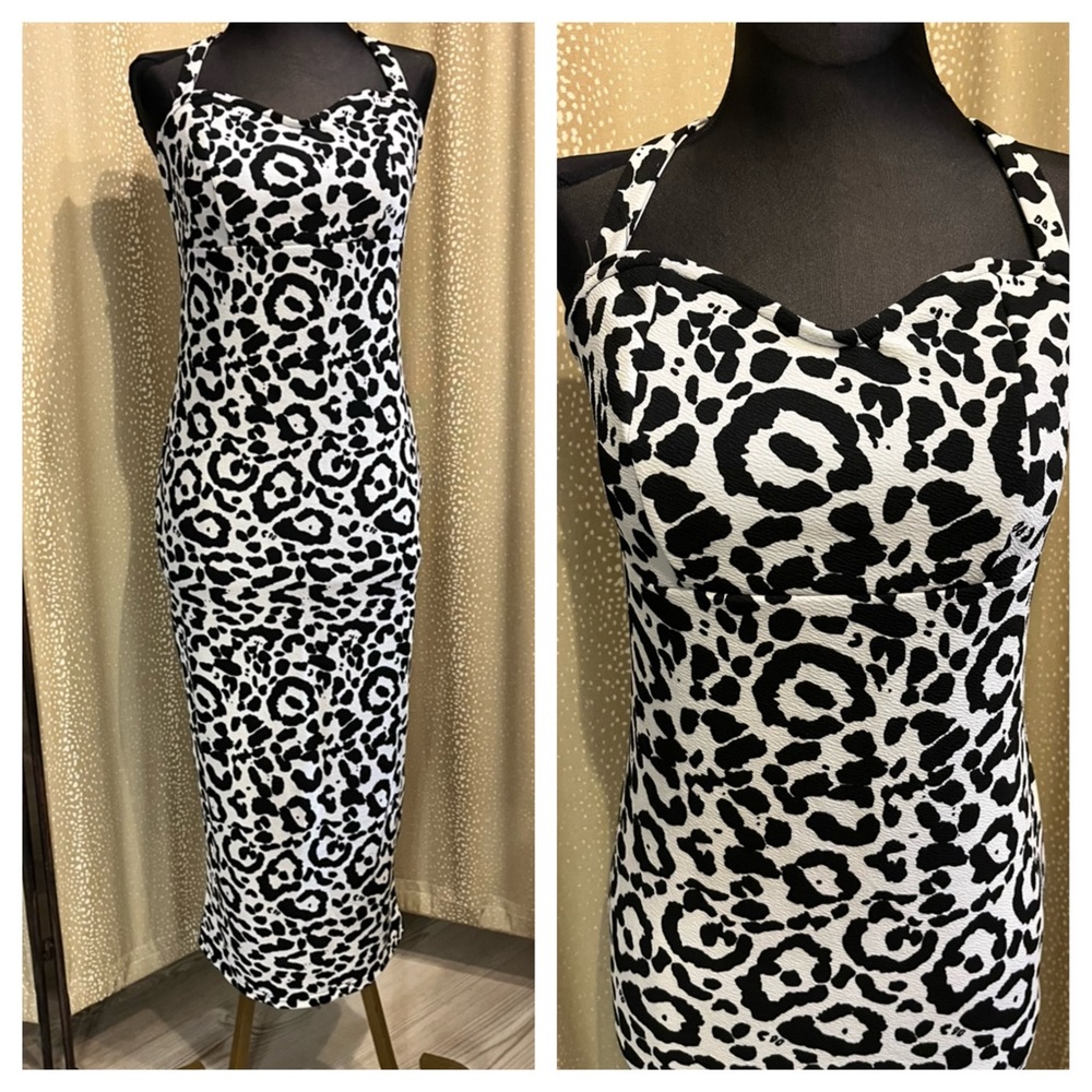 SHEIN Black and White Animal Print Midi Dress